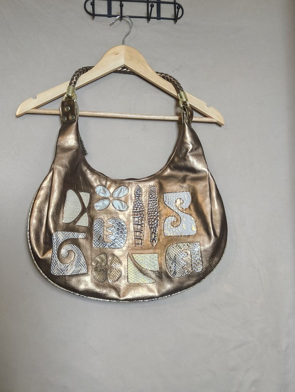 Y2K Metallic Bronze Hobo Bag Patchwork Faux Snakeskin Sample Purse